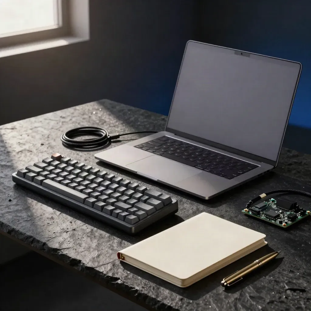 Laptop, Split-Keyboard, Notizbuch, Stift und Mikrocontroller auf dunkler Steinplatte.
