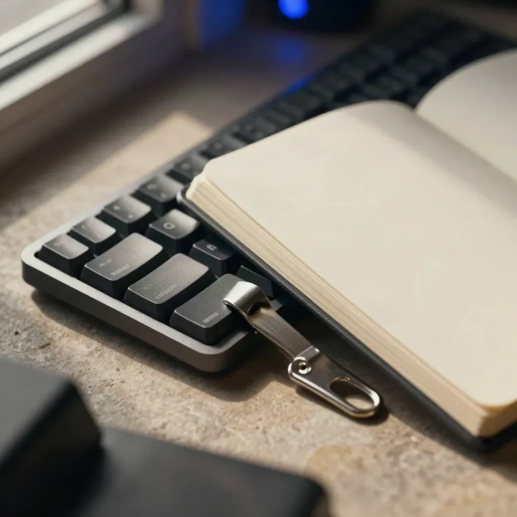 Grafit-Tastaturecke, Notizbuch und Keycap-Puller auf warmem Stein bei sanftem Licht