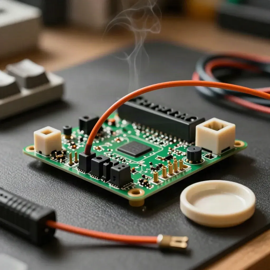 Makro von Einplatinencomputer, Breadboard und Jumperkabeln im dramatischen Licht.