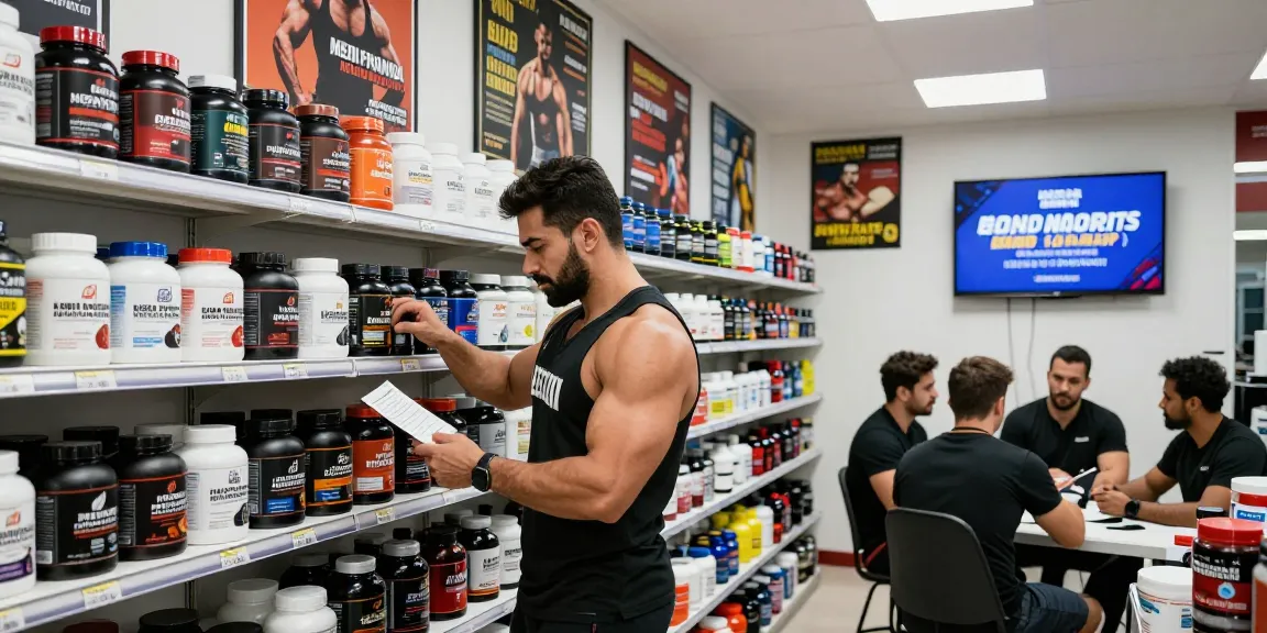 Produkte im Medi Pharma Steroid Shop mit Trainer, die Steroidetiketten überprüfen.