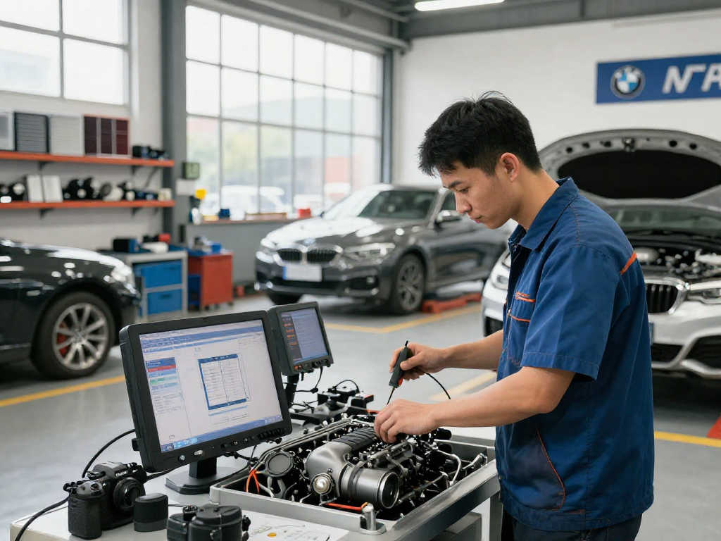 Professionelle BMW Werkstatt Hannover mit Techniker bei der Inspektion eines Motors.