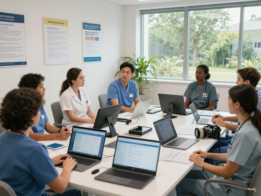 Gemeinschafts healthcare team collaborating on data protection and accessibility measures in a bright consultation room.