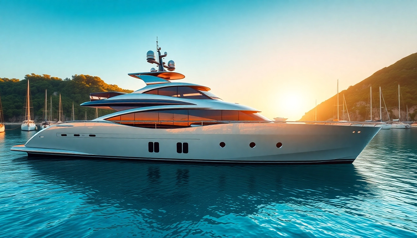 Ein Mega Lüfer Yacht vor einem malerischen Hafen mit luxuriöser Ausstattung.