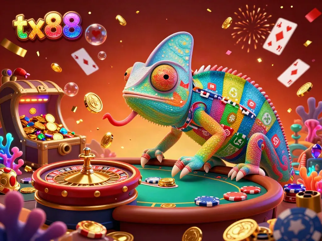 Experience thrilling action at tx88 casino with a chameleon owner surrounded by gold coins, coral reefs, and festive elements.