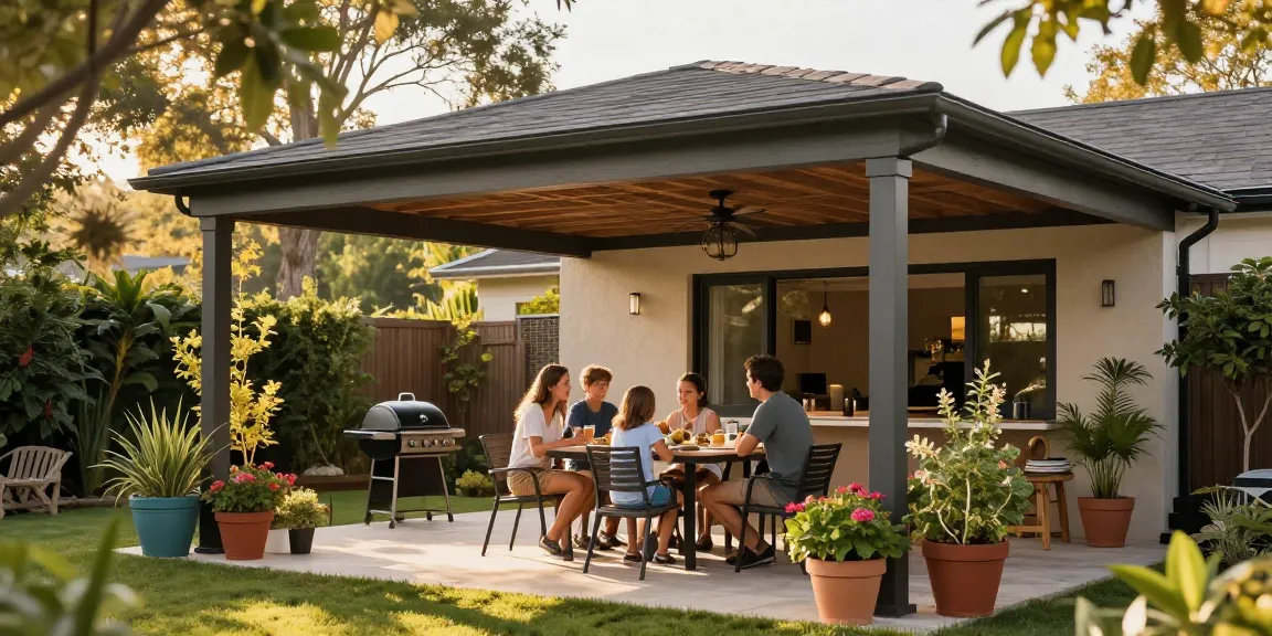 Gemütliche Atmosphäre unter einer freistehenden Terrassenüberdachung mit Familie beim Essen im Garten.