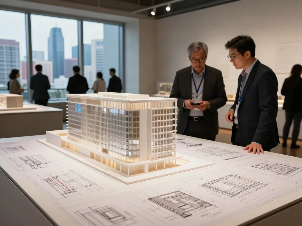 Fassadenmodell in einer modernen Galerie, präsentiert mit technischen Plänen und Architekten im Austausch.
