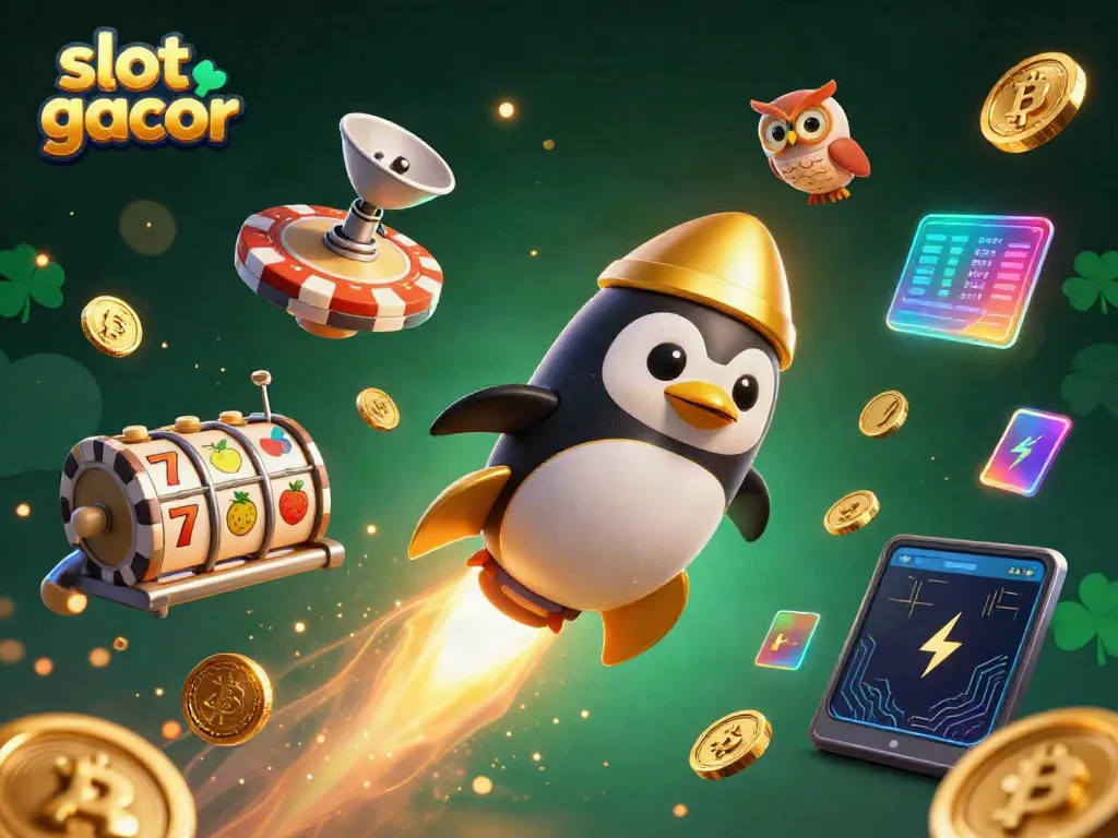 Engage in slot gacor excitement with a golden penguin cruising towards a casino space station.