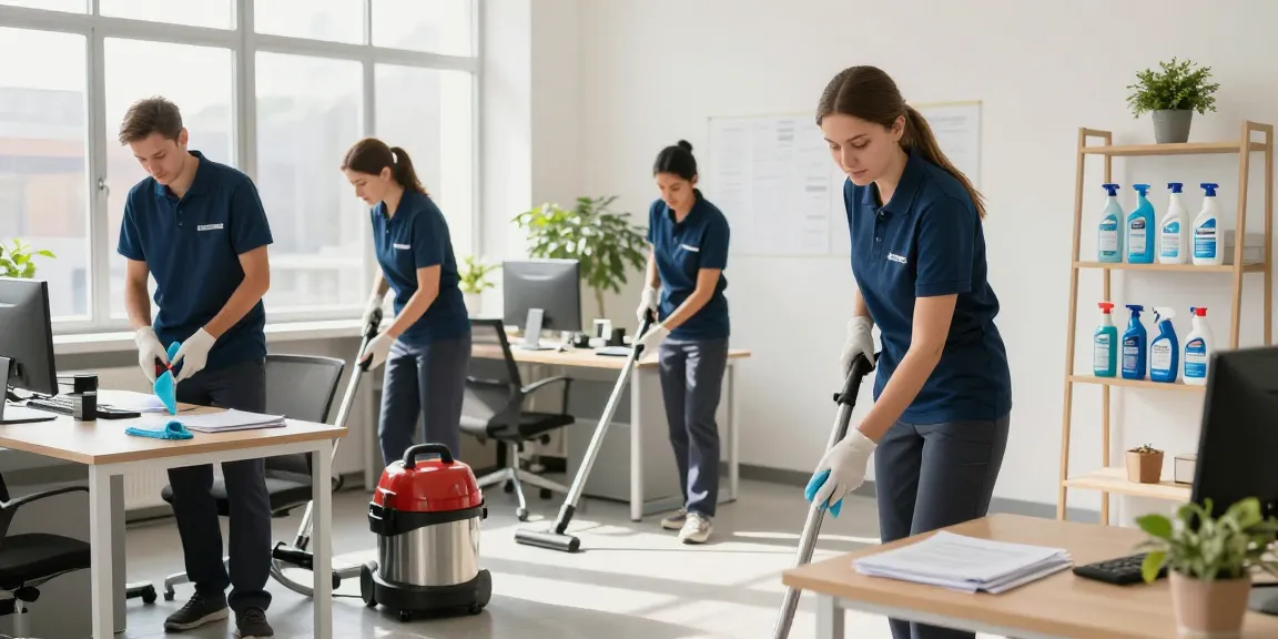 Professional team from reinigungsfirmen in bern cleaning an office environment with sunlight filtering through large windows.