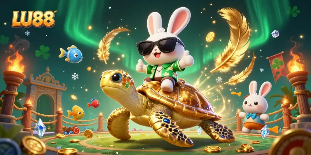 LU88 brings luck and excitement with lively characters and casino elements in this vibrant casino illustration.