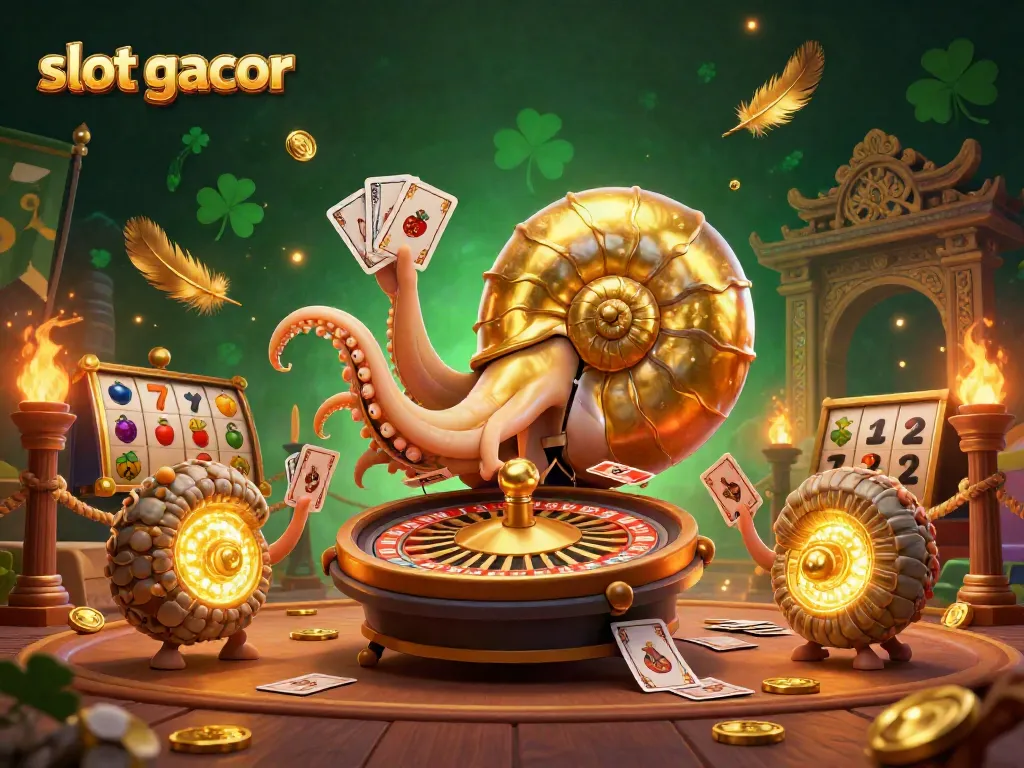 Capture big wins with slot gacor at this vibrant gaming scene featuring a giant nautilus roulette wheel.