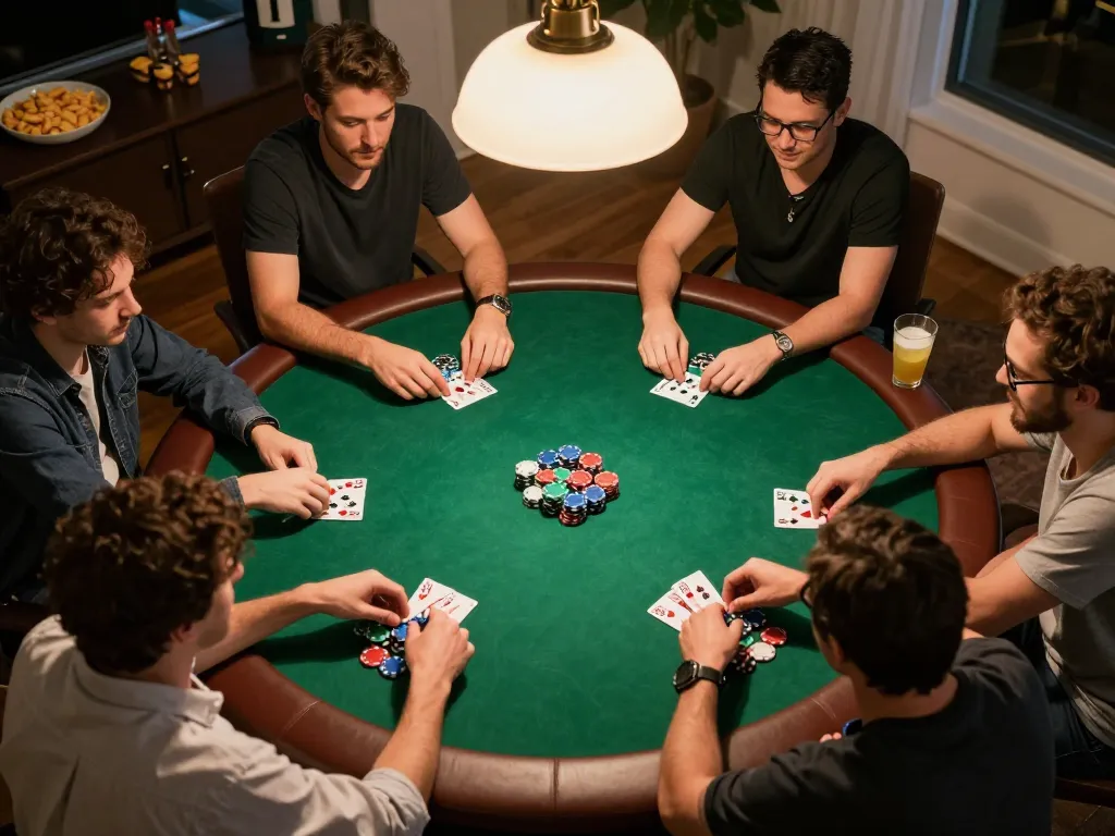 Intensiver Pokerabend zu Hause mit Freunden, der strategische Züge und Lachen hervorhebt, Immobilienmakler Frankfurt Eckenheim.