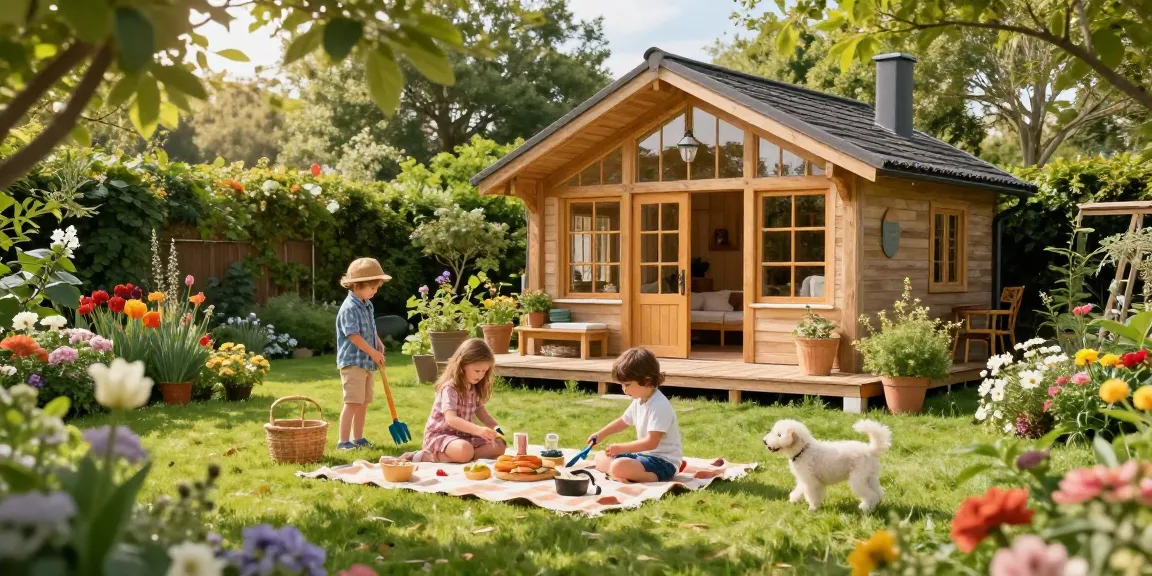 Garten Haus umgeben von leuchtenden Blumen und grüner Landschaft, Familie genießt einen sonnigen Nachmittag im Freien.