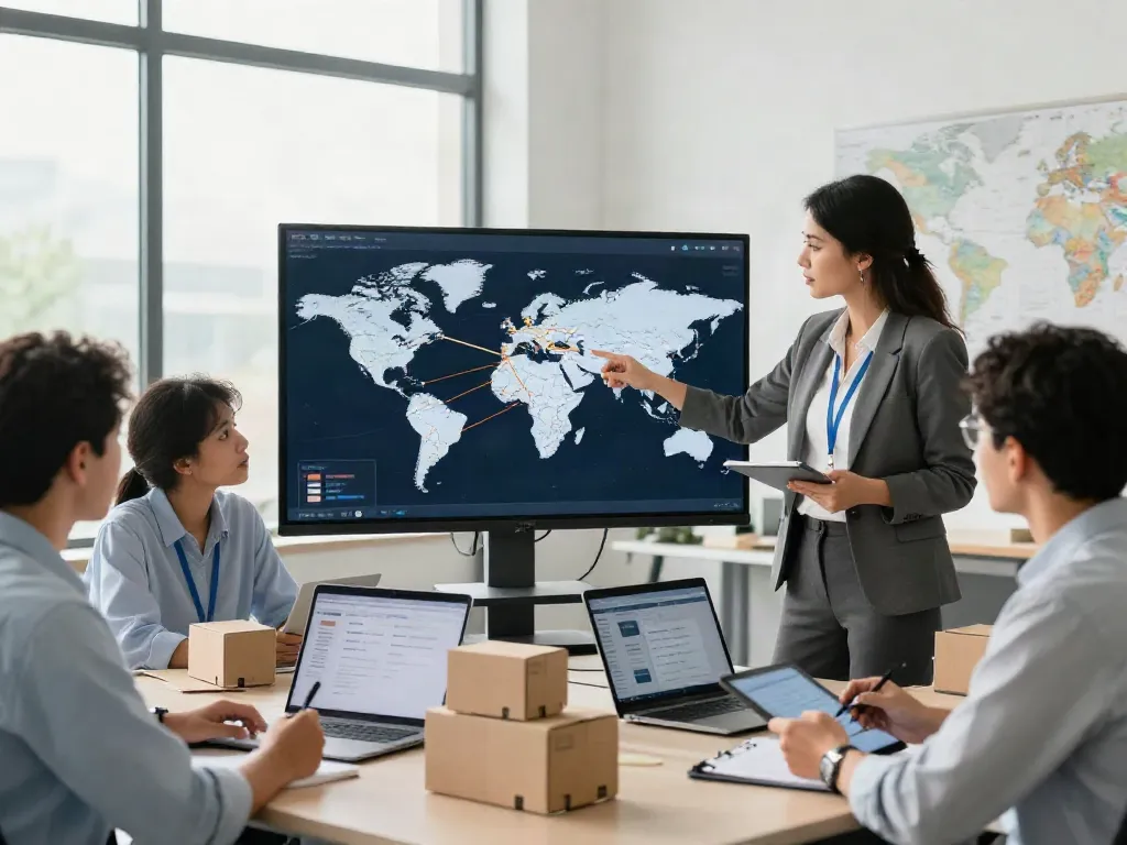 OCARGO Spedition Stuttgart: Team für internationale Transporte bei der Planung effektiver Lieferstrategien in modernem Büro.