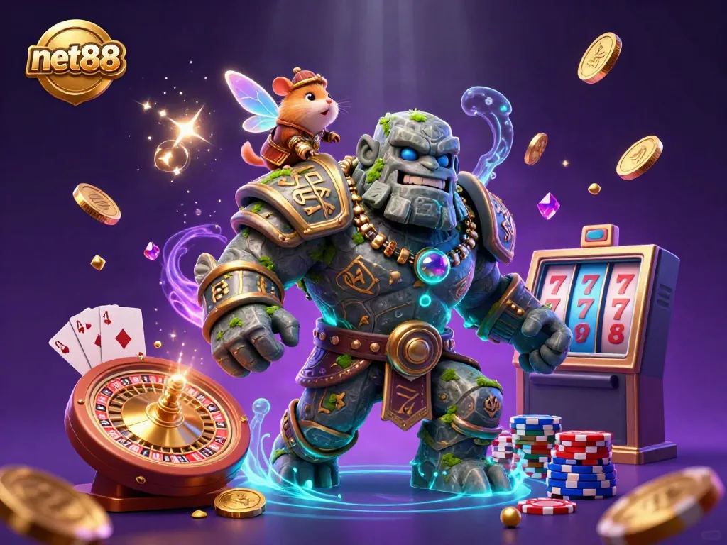 Embrace the magical energy of net88 with a dazzling scene featuring a golem, fairy, and hamster knight amidst casino action.