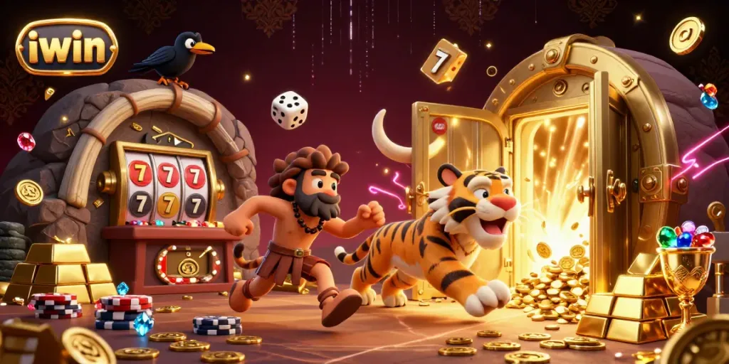 Experience excitement at iwin with animated prehistoric gaming elements and treasure-filled backdrop.