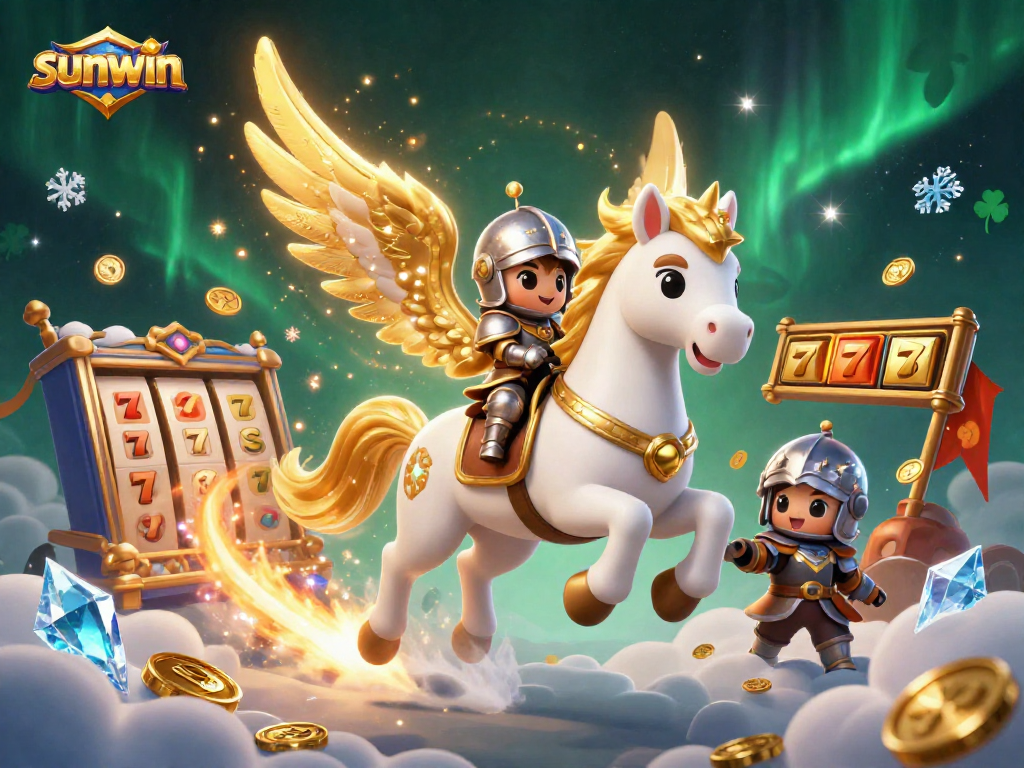 Sunwin features a cosmic horse and knight in an exciting casino atmosphere filled with slot reels and stardust.