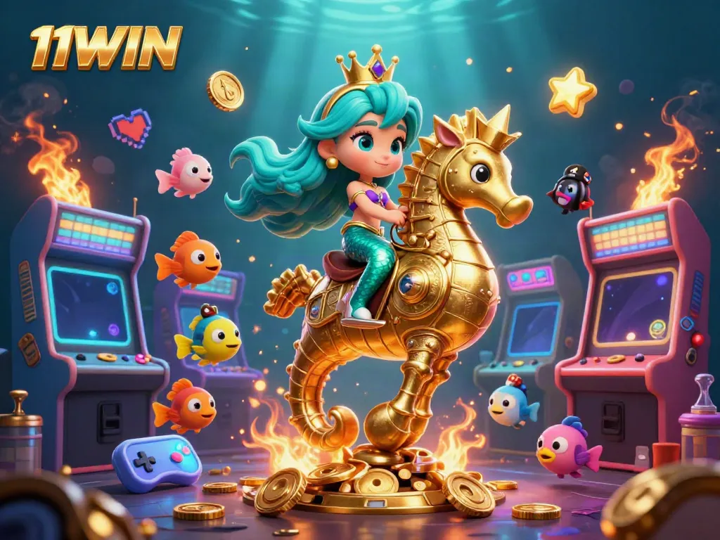 Engage with 11WIN in a colorful underwater casino scene featuring a mermaid princess and seahorse amid game elements.
