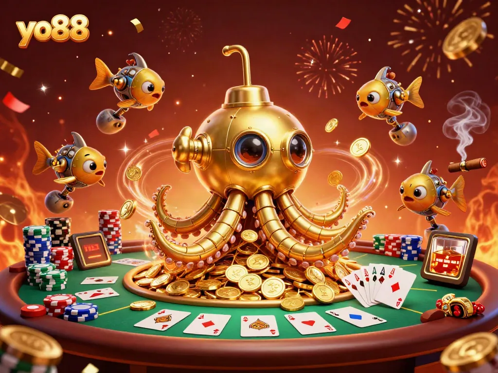 Experience high-stakes gaming excitement with yo88's golden kraken submarine amidst poker action.