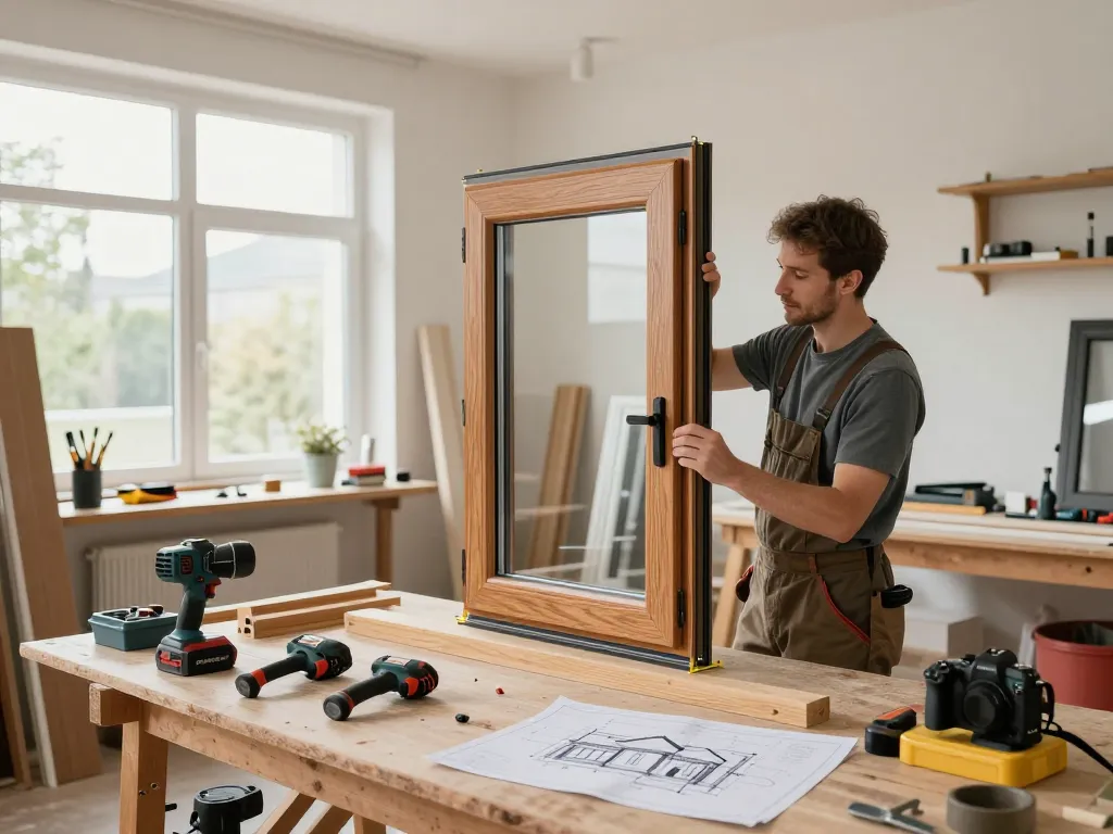 Handwerker misst Fensterrahmen in der Werkstatt für Fensterbau Düsseldorf.