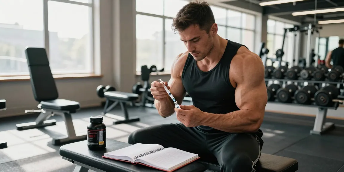 Bodybuilder im Anabolika Shop bereitet sich auf Steroid-Injektion vor, umgeben von Fitnessgeräten.