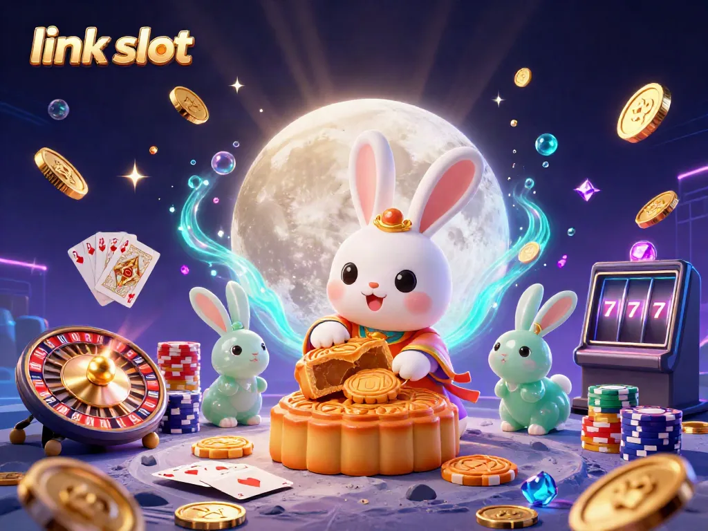 Experience the thrill of link slot with a magical moon rabbit, poker chips, and dazzling casino elements.