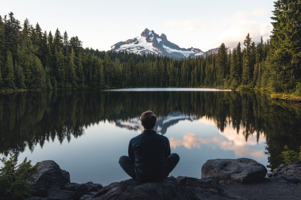 Enjoying the tranquility of nature by the lake with mountains in the background