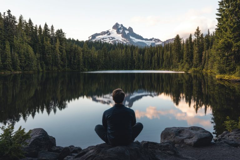 Enjoying the tranquility of nature by the lake with mountains in the background