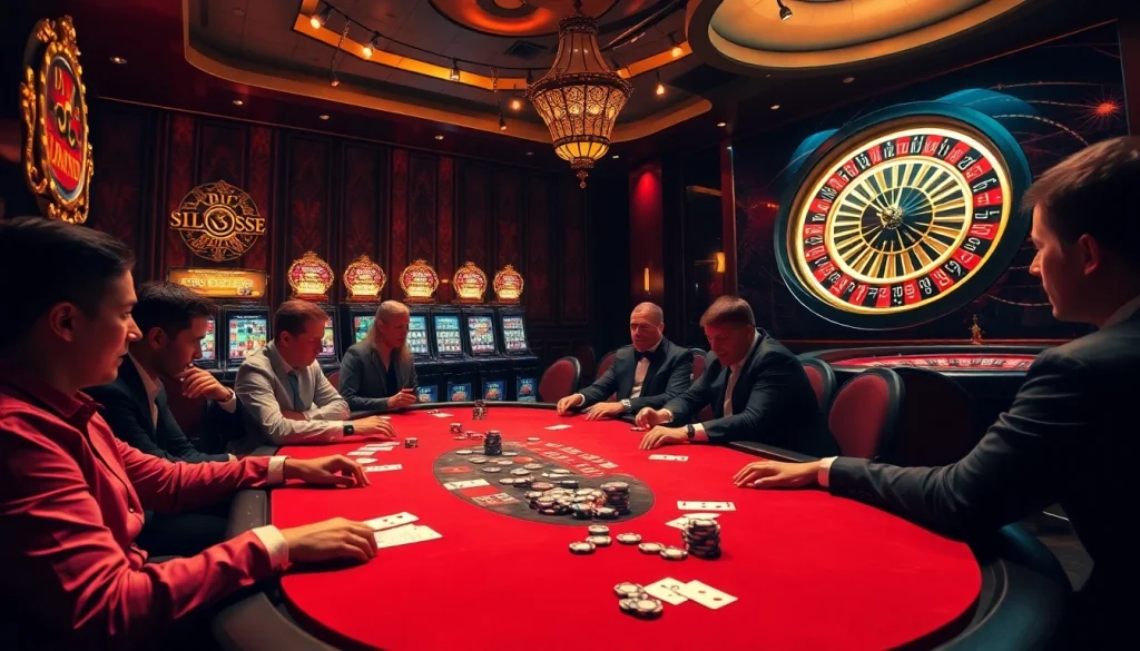 Experience thrilling casino action with jl55 one at a luxurious poker table, vibrant slots, and roulette excitement.