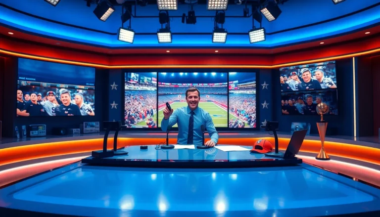 Engaging sports broadcasting scene with a commentator, highlighting Sports Broadcasting.