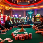 Players enjoying a thrilling game at U 888 online casino, surrounded by vibrant gambling elements.