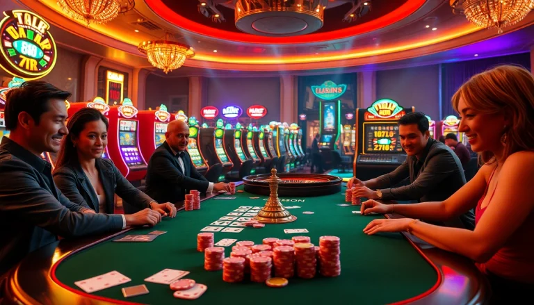 Players enjoying a thrilling game at U 888 online casino, surrounded by vibrant gambling elements.