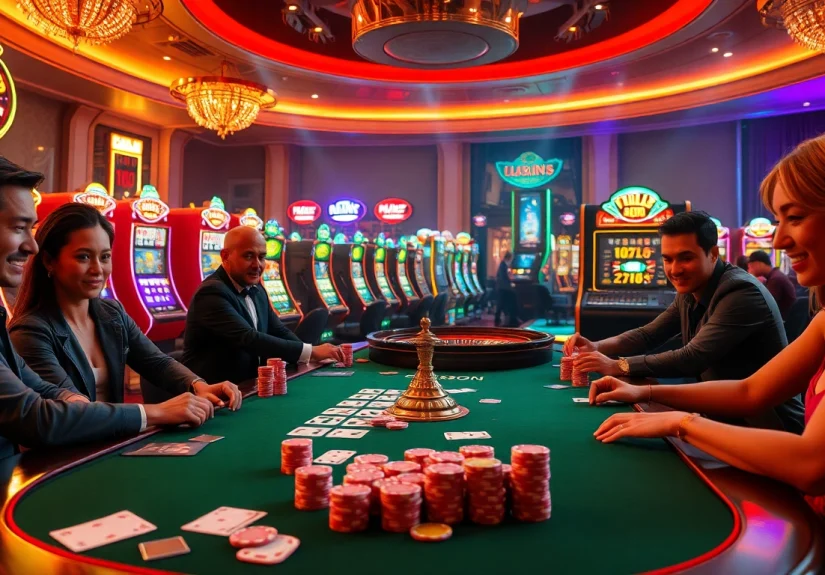 Players enjoying a thrilling game at U 888 online casino, surrounded by vibrant gambling elements.
