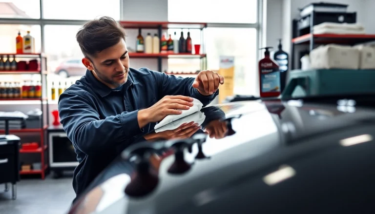 Autopflege Shop: Experten bei der Autopflege zeigen professionelle Wartung und Pflege eines Fahrzeugs.