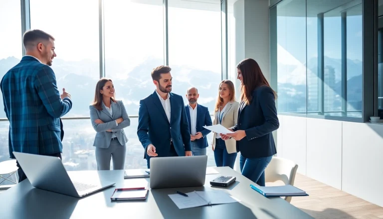 Headhunter Schweiz im modernen Büro mit Alpenblick, Teamdiskussionen in Aktion.