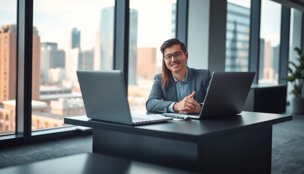 Headhunter Schweiz berät Klienten in einem modernen Büro mit Stadtansicht.