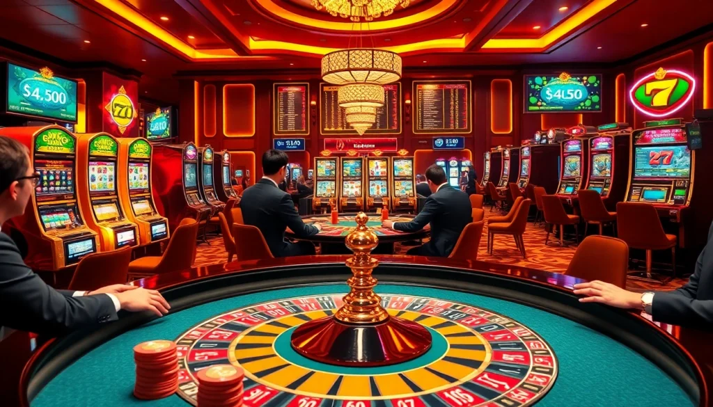 Engage in thrilling gameplay while tải MMOO at a luxurious online casino with vibrant tables and slot machines.