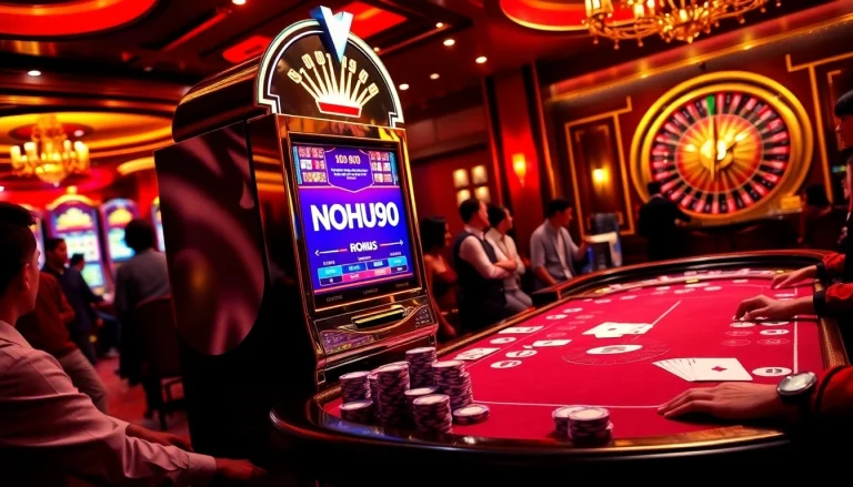 Engaging slot game action at NOHU90 casino, with players enjoying vibrant poker tables and roulette.
