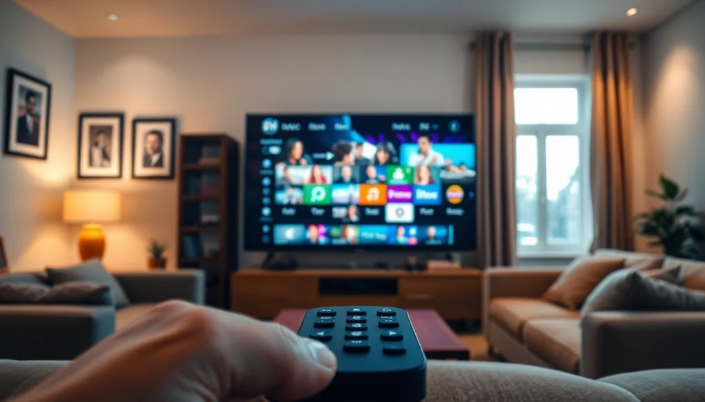 Erleben Sie IPTV Dienstleister Deutschland in einem modernen Wohnzimmer mit dynamischem Streaming-Inhalt.
